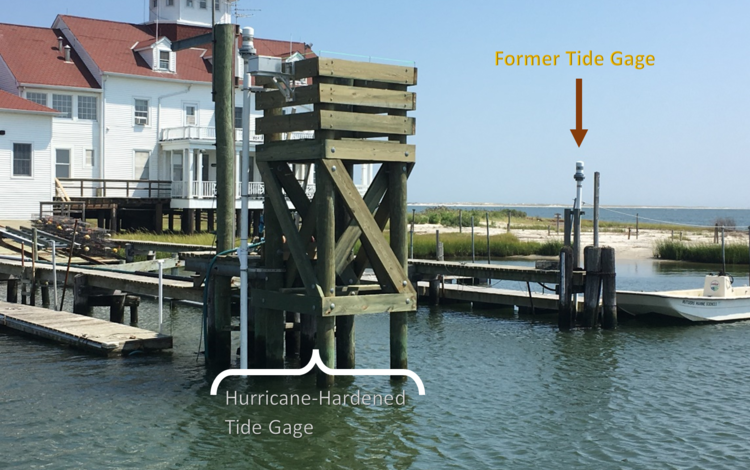Looking at the pier at Tuckerton seeing the heavy wooden structure installed to storm-harden the gage