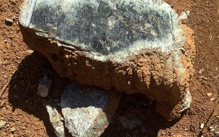 Serpentinized peridotite that has been cut to reveal the serpentine minerals inside surrounded by a thin brown outer layer.