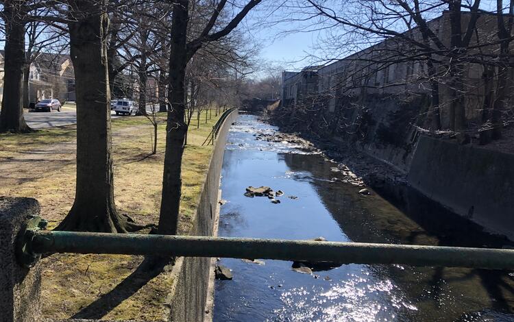 View upstream in a walled river channel seen from Washington Avenue in Belleville, NJ