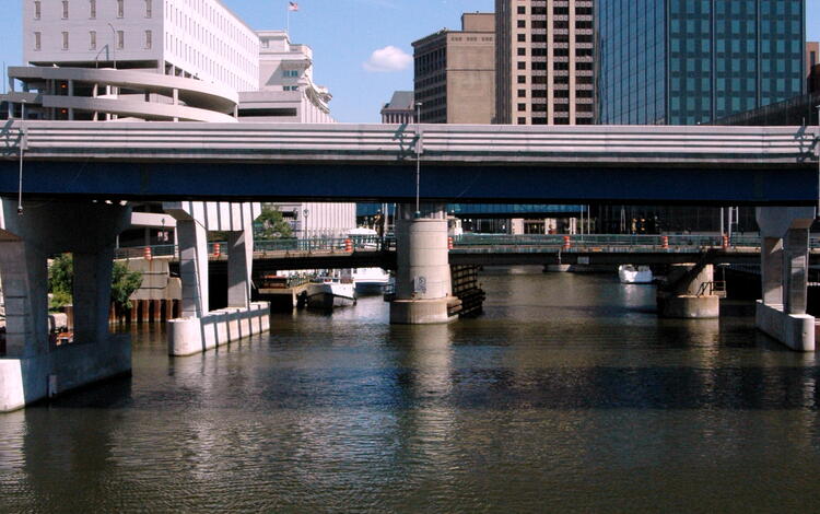 Downtown Milwaukee with crew row boat