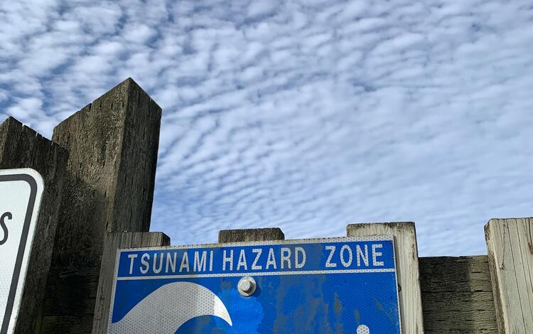 Blue sign with a white wave and text.