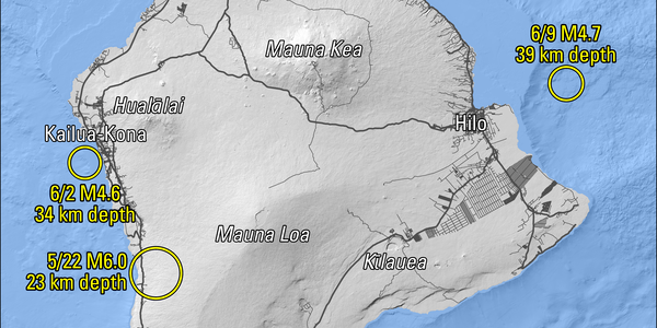 Earthquakes of magnitude 4.5 and larger under the island of Hawaii in May and June 2026
