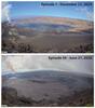 Color photographs of eruption with crater at summit of volcano