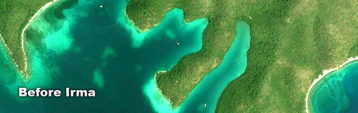 A before and after image of Hurricane Hole bay in the Virgin Islands showing the damage Hurricane Irma caused. 